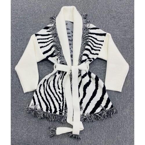 Spring High 2021SS Quality Women Elegant Belts Zebra Prints Tassel Cardigans Female Wool Jacquard Knitted Coat Sweater