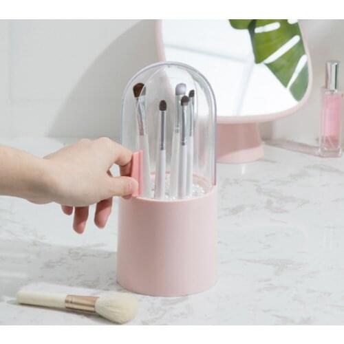 180° Rotate Makeup Brush Holder with Pearl Dustproof Makeup Organizer Waterproof Cosmetic Brush Storage Bucket