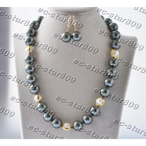 Z11305 20" 14mm Black Round South Sea Shell Pearl Necklace Bracelet Earring