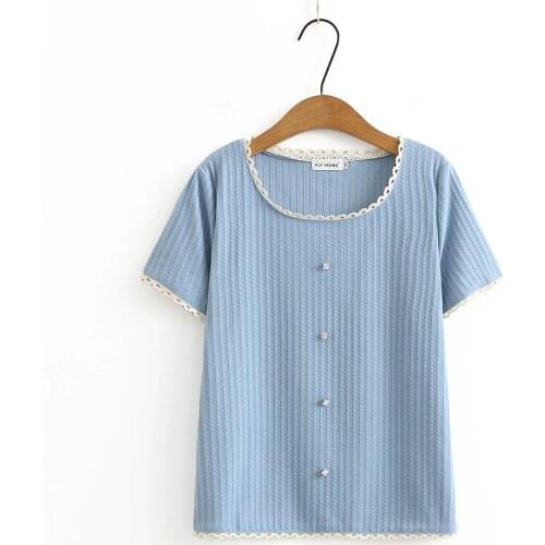 Plus size Striped jacquard lace short sleeve tshirt 2021 summer casual black blue pink white button ladies t shirts female top