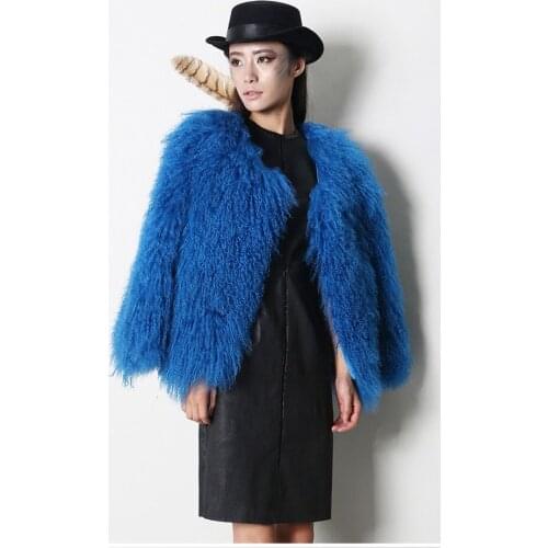 Natural fur coat of mongolia sheep fur women coats winter autumn thicken lamb fur full pelt blue fur jacket 60cm length C127