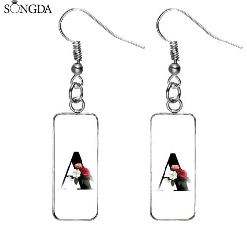 26 Letters A to Z Rectangular Trendy Dangle Earrings Letter with Flowers Fashion Painting Glass Cabochon Earrings for Women Girl