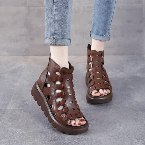 Summer New Ethnic Style Top Layer Cowhide Slope with Roman Sandals Leather Hollow Fish Mouth Thick-soled Womens Sandals Retro