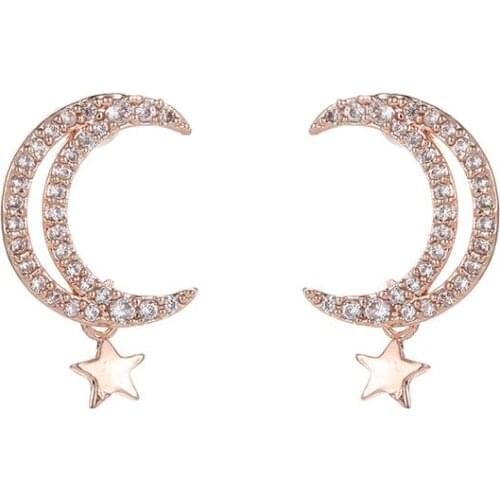 Sweet Moon Shaped Star Charm Starry Bling Full Twinkling Crystal Zircon Rose Golden Silver Plated Stud Earrings For Women
