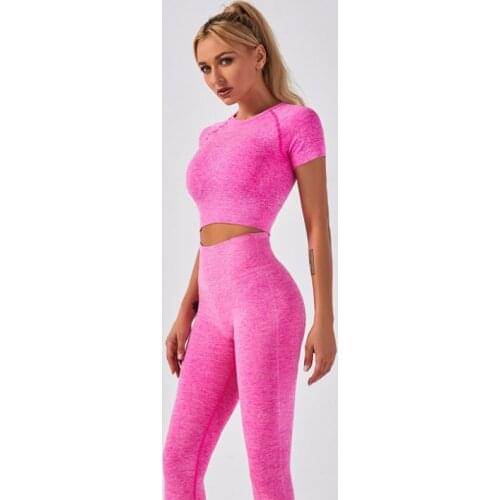 Women Fitness Active Gym Seamless Yoga Suit Workout Shirts Crop Top Short sleeve Push Up Sports Pants Running Leggings 2-piece