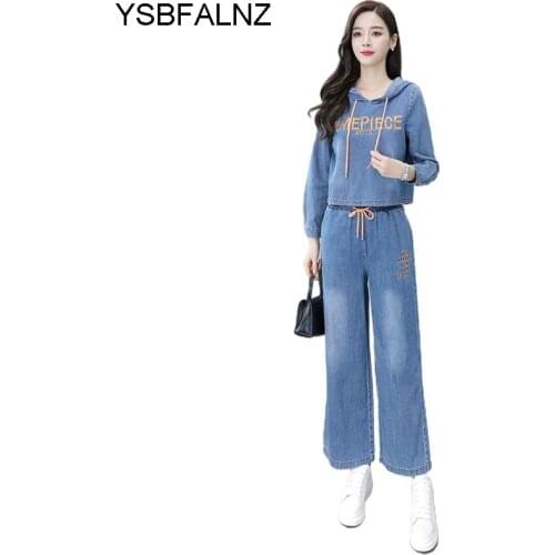 Denim Plus Size Hoodies 2 Piece Set Women Outfits Woman 2021 Summer Casual Tops + Lace Tight Wide Leg Trousers Clothing Autumn