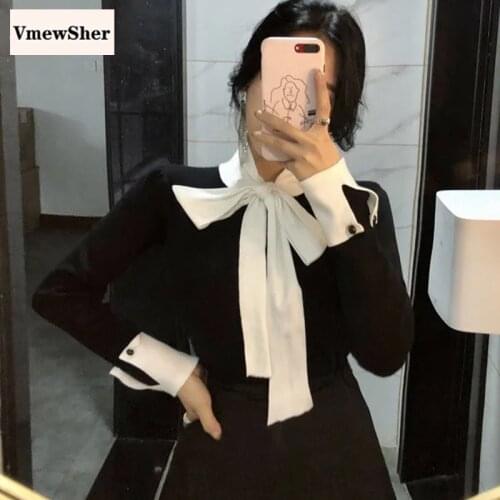 VmewSher Big Bow Tie Knitted Women Sweater Autumn Spring New Color Block Slim Female O-Neck Long Sleeve Casual Trend Pullovers
