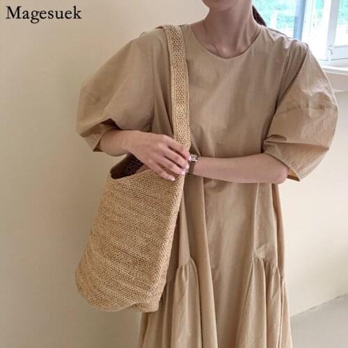 Casual Summer Dress Korean Style Bubble Short Sleeve Women Dress Elegant Dress Office Lady Loose Waist Dress Vestidos 13849