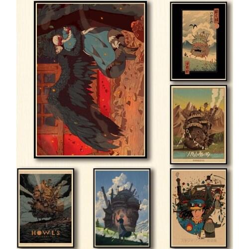 27 Designs Ghibli Movie Howls Moving Castle Kraftpaper Poster Painting Wall Sticker for Coffee House Bar