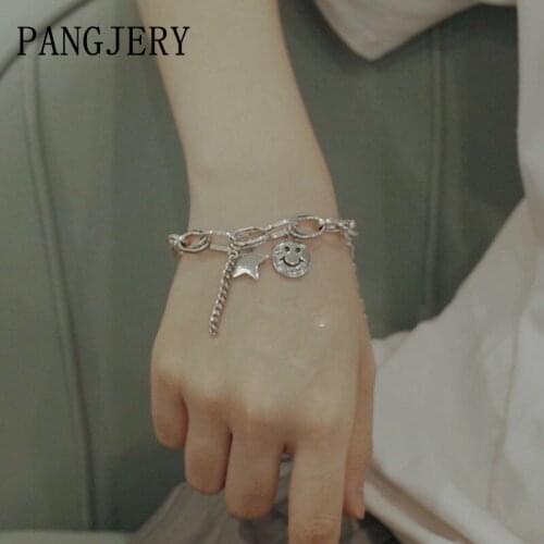 PANGJERY 925 Sterling Silver Smiley Face Bracelets for Women INS Fashion Simple Punk Hiphop Rock Star Party Fine Jewelry Gifts