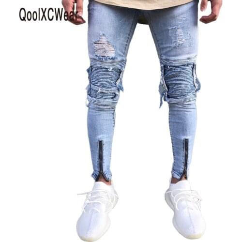 QoolXCWear Brand Designer Slim Fit Ripped Jeans Men Hi-Street Mens Distressed Denim Joggers Knee Holes Washed Destroyed Jeans