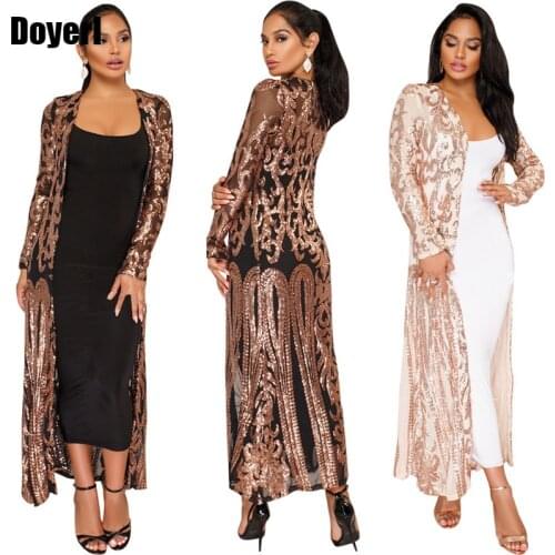 Sequin Long Cardigan Coat Fashion Long Sleeve Open Front Trench Coat Party Clubwear Black Sheer Mesh Sparkly Cardigans for Women