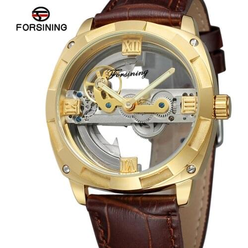 Forsining Transparent Case Open Work Leather Mechanical Skeleton Sport Wrist Watch Men Relogio Masculino Men Clock Luxury Brand