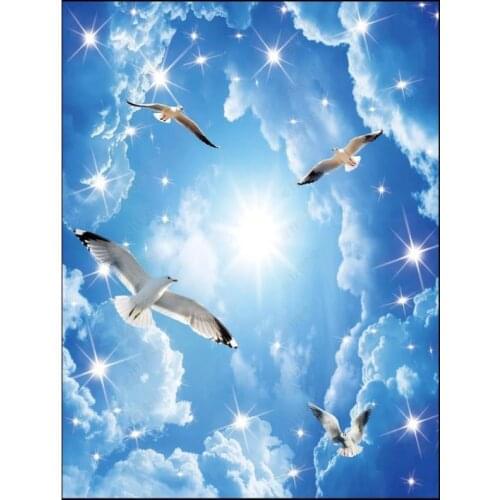 Custom zenith mural 3d ceiling murals wallpaper for walls 3 d Blue sky white clouds, seagull, shining stars, ceiling background