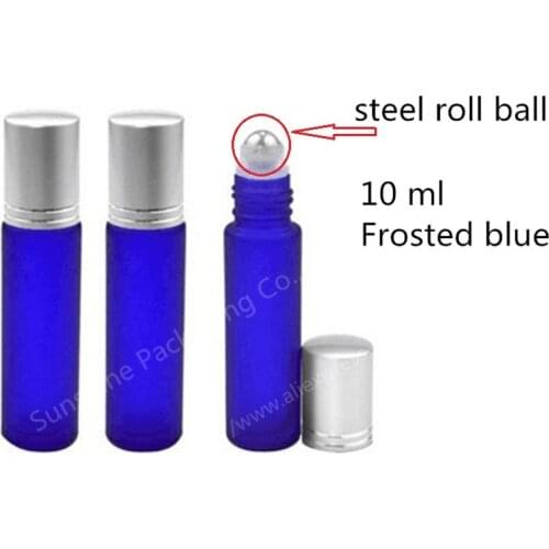 Hot sale 10ml essential oil glass bottle, 1/3 oz blue frosted glass roll on bottle, 10cc cobalt blue perfume roller vial