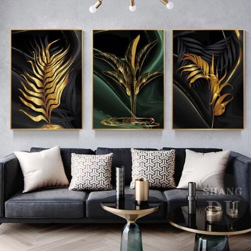 Modern Gold and Green Leaves Canvas Painting Nordic Fashion Style Posters Prints Wall Art Picture For Living Room Decor Cuadros
