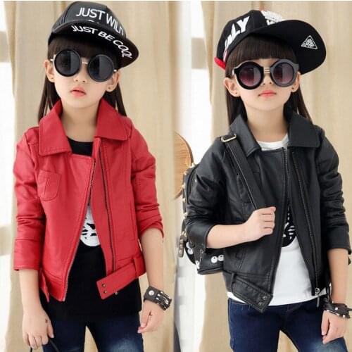 New Big Girls Boys PU Leather Jacket Fashion Kids Motorcycle Jackets Children Long Sleeve Coat Clothing Red Black