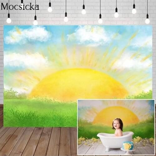 Mocsicka Sunrise Grass Cloud Photography Background lawn Backdrop Newborn Child Portrait Photo Decoration Props Studio