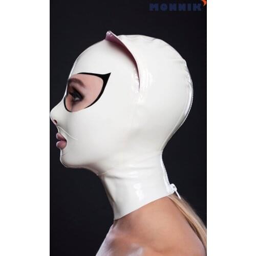 MONNIK latexWhite Sexy Latex Unisex Hood Mask with Ear Cosplay Party Wear Rubber Mask Latex mask