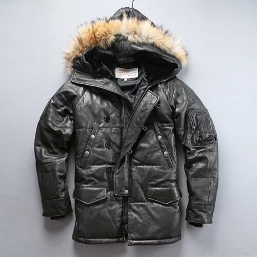 AVFLY 2020 New Men Black EU Size Long Sheepskin Leather Down Jacket Men Winter Thick Warm Russian Leather Down Coats