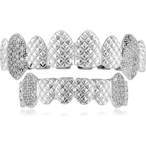 Hip Hop Iced Out CZ Grillz 2 Colors Top & Bottom Grill Set Vampire Grills Jewelry For Men Women Gift