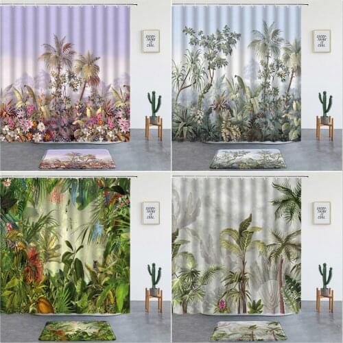 2 Pcs Tropical Rainforest Landscape Shower Curtains Set Bath Mat Green Plants Bathroom Decor Washable Non-slip Carpet With Hooks