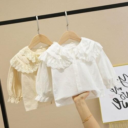 2020 New Baby Girls Sweet Shirt Toddler Girls' Long Sleeved Tops Lace Trim Doll Collar Shirt Toddler Children Clothing 1-5 Years