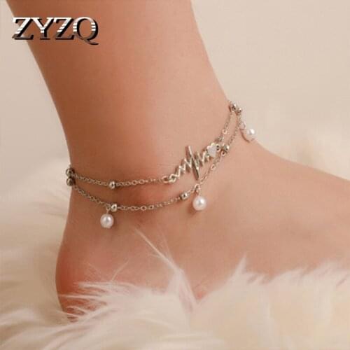 ZYZQ Trendy 2PC Anklets For Women With Simulated Pearl Personality Heart Beating Shaped Symbol Design Wholesale Lots&Bulk