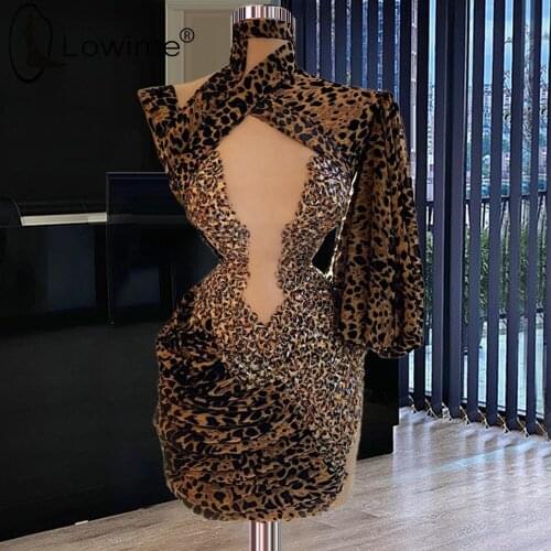 Sexy Leopard High Neck Prom Dresses Long Sleeves Robes De Cocktail Mini Party Gowns Abendkleider 2021