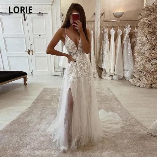 LORIE Spaghetti Straps Beach Wedding Dresses Beach Boho Bridal Gowns Sleeveless V-Neck Backless Wedding Party Gowns with Slit