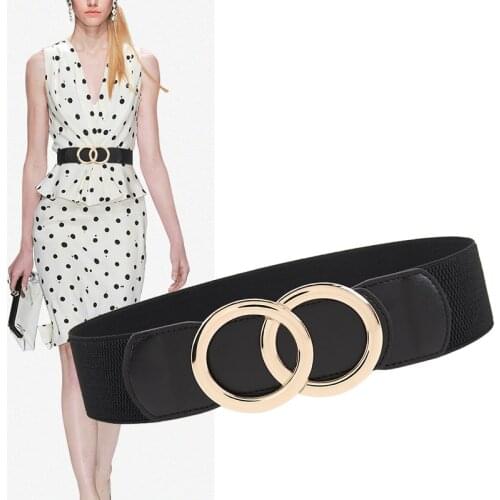 Fashion lady Elastic PU leather Waistbands stretch waist seal double circle gold buckle belts for dress jacket white coat gifts