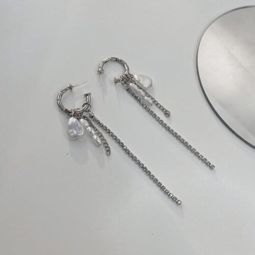 QiLuxy Long Tassel Zircon Irregular Pearl Drop Earrings for Women Fashion Punk Long Dangle Earrings Party Jewelry Gifts