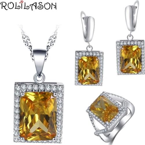 ROLILASON Romantic anniversary gift For girl Yellow Zircon Square Design 925 Silver Earrings Necklace Rings Jewelry Sets JS752