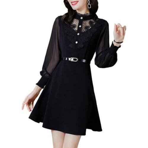 Chiffon Lace Dresses Lady 2021 New Spring Summer Long Dresses Female Oversize Waist Slim Black Long Sleeve Dress Women Clothes