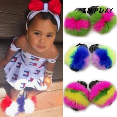 Winter Kids Warm Fur Slides Childrens Real Fox Fur Slippers Indoor Non Slip Heel Strap Plush shoes Girls Fluffy Fur Flip Flops