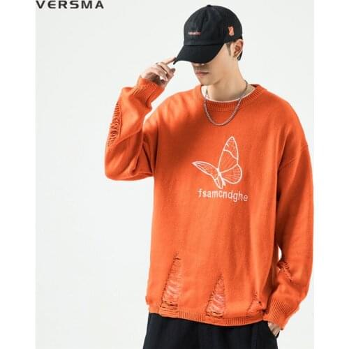 VERSMA Korean Trendy Butterfly Embroidery Vintage Sweater Men Women Hip Hop Streetwear Ripped Couple Sweaters Male Dropshipping
