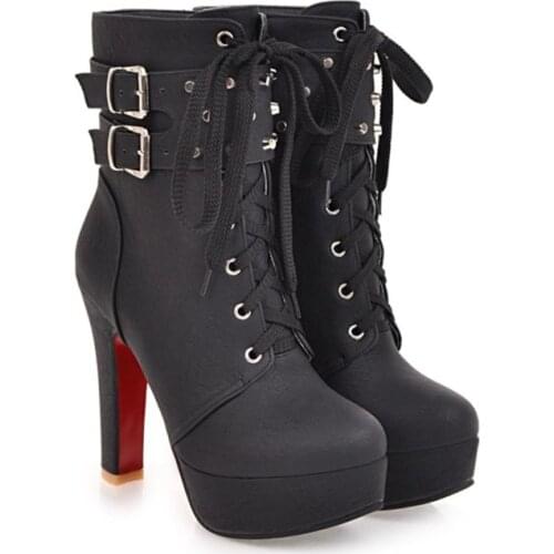 Ochanmeb Punk Rock Rivets Studded Boots Shoes Women Sexy 12cm Spike High Heels Platform Buckle Boots Shoe Woman Big Plus Size 47