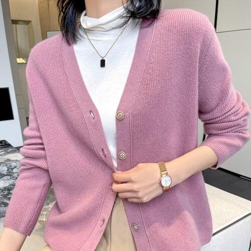 High-End 100% Cashmere Wool Women Elasticity V-Neck Cardigan Sweater 2021 Spring Autumn Warm Girl Clothes Large Size Soft knitte