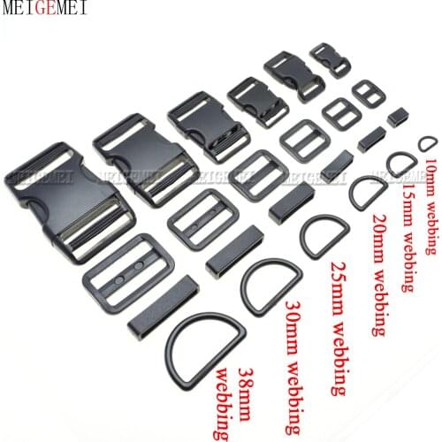 1 set Plastic Slider Adjustable D Rings Belt Loop Curved Side Release Buckles 10mm 15mm 20mm 25mm 30mm 38mm webbing For Paracord