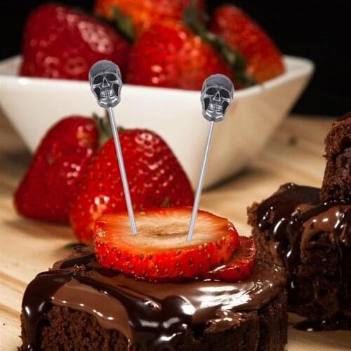 2pcs 304 Stainless Steel Cocktail Sticks Skull Head Fruit Forks Cake Picks Reusable Martini Pick (Silver)