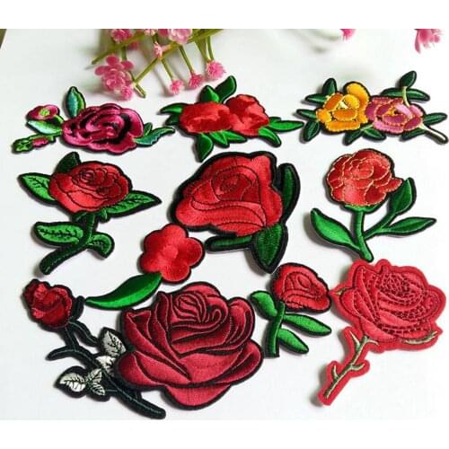 Mixed 12PCs /lot Iron On Rose flower Patches For Clothing Patch Cactus Badge Stripes Stickers For DIY Clothes Jeans Applications