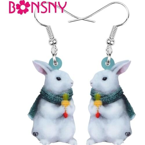 Bonsny Acrylic White Easter Hare Rabbit Bunny Pet Earrings Print Animal Dangle Drop Jewelry For Women Girl Charm Gift Accessory