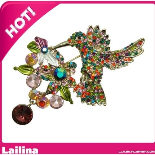 2.95" Pretty Wings Hummingbird Flower Cluster Crystal Bird Brooch Pin ( Mix Color Rhinestone )