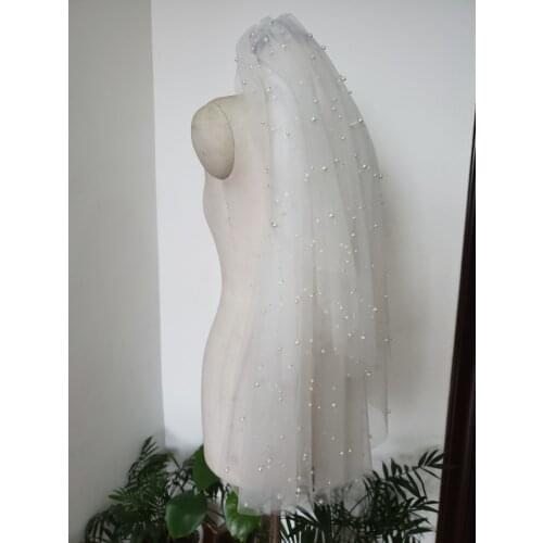 2 layer champagne bridal veil fingertip veis white ivory wedding veil Beading tulle velo para novia &comb