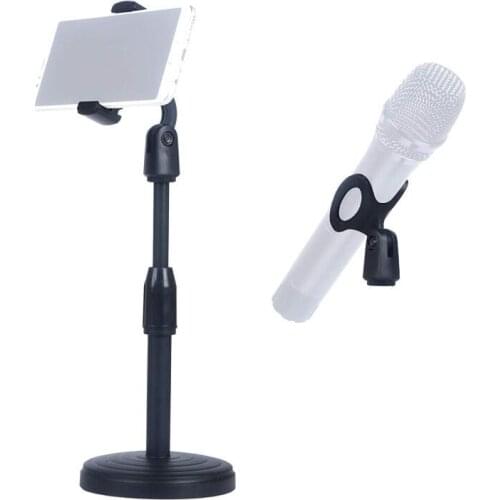 Desktop Microphone Stand with Holder Clipper for Mobile Phone, No-slip Heavy Duty Base Adjustable Detachable Mic Cellphone
