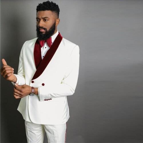 Handsome Ivory Slim Fit Double Breasted Wedding Tuxedos Burgundy Shawl Lapel Mens Suit Two Pieces Blazer ( Jacket+Pants+Tie)