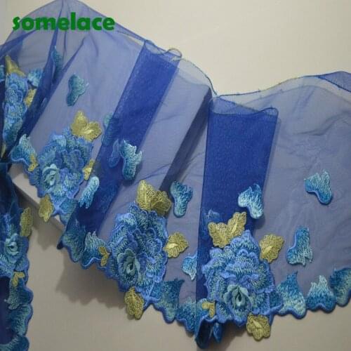 2Y 22cm Wide Blue Gauze fluorescent Thread Floral Embroidery Lace Hight Quality Lace Fabrics Embroidered lace