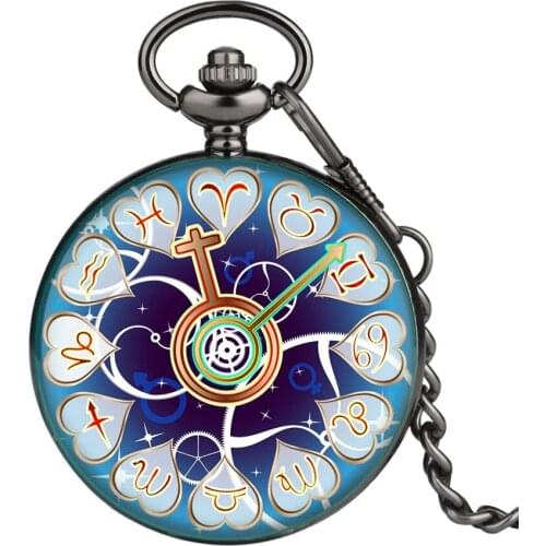 Twelve Constellations Exquise Pattern Display Quartz Pocket Watch Starry Blue Full Hunter 12 Constellations Pocket Clock Gifts
