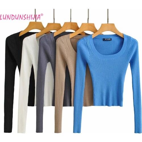 LUNDUNSHIJIA 2021 New Spring Autumn Ladies Long Sleeve Short Slim O-neck Pullover Tops Women Sexy Knitwear Tops 5 Colors