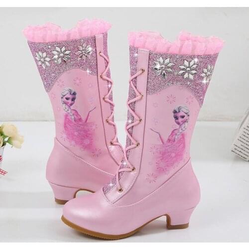 Disney Autumn Winter New High Boots Girls Princess High-heeled Children Sequins Snow Boots Kids Cartoon Frozen Boots